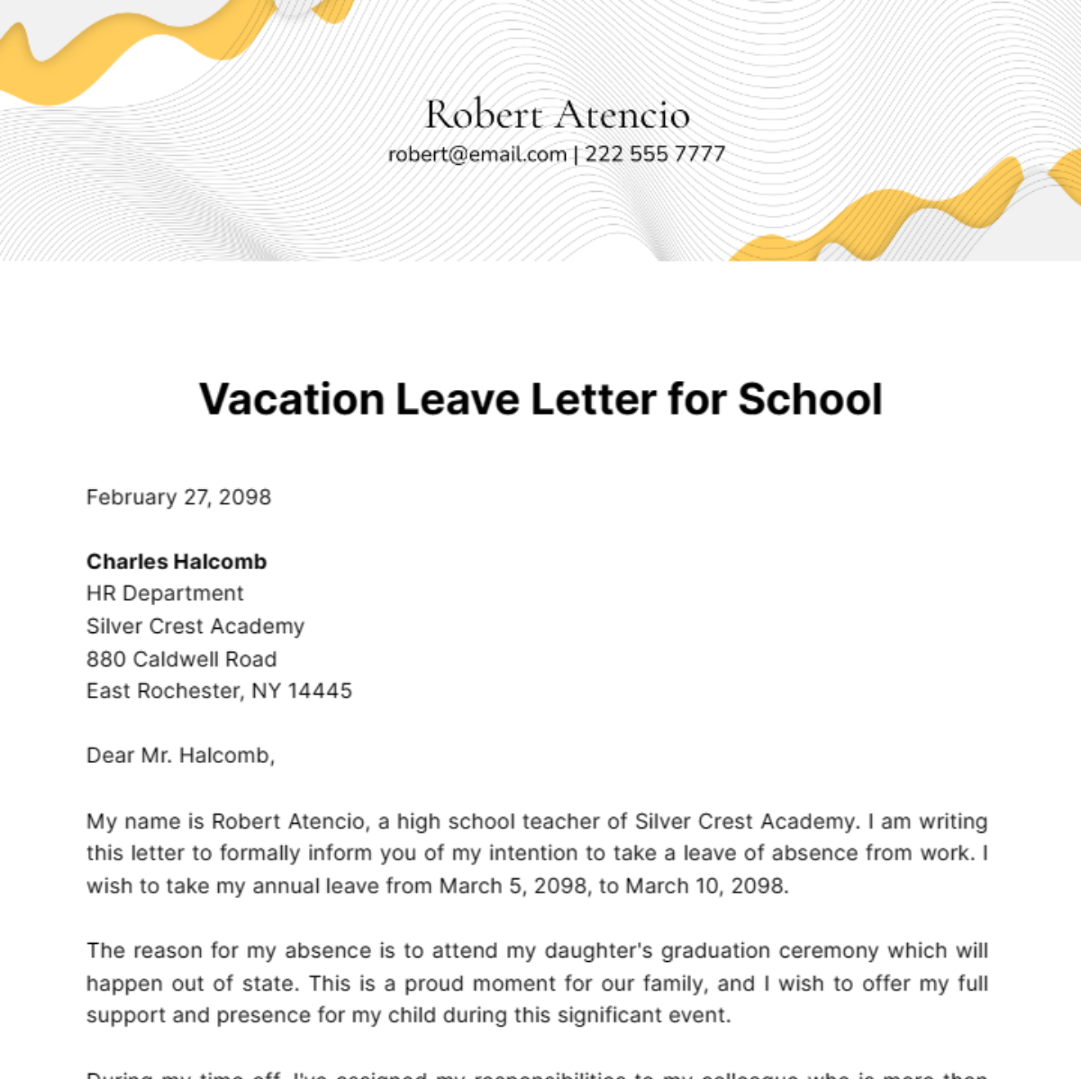 Vacation Leave Letter for School Template