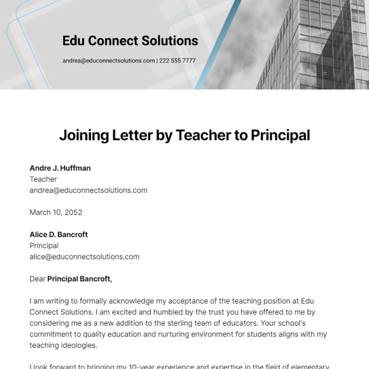Joining Letter by Teacher to Principal Template
