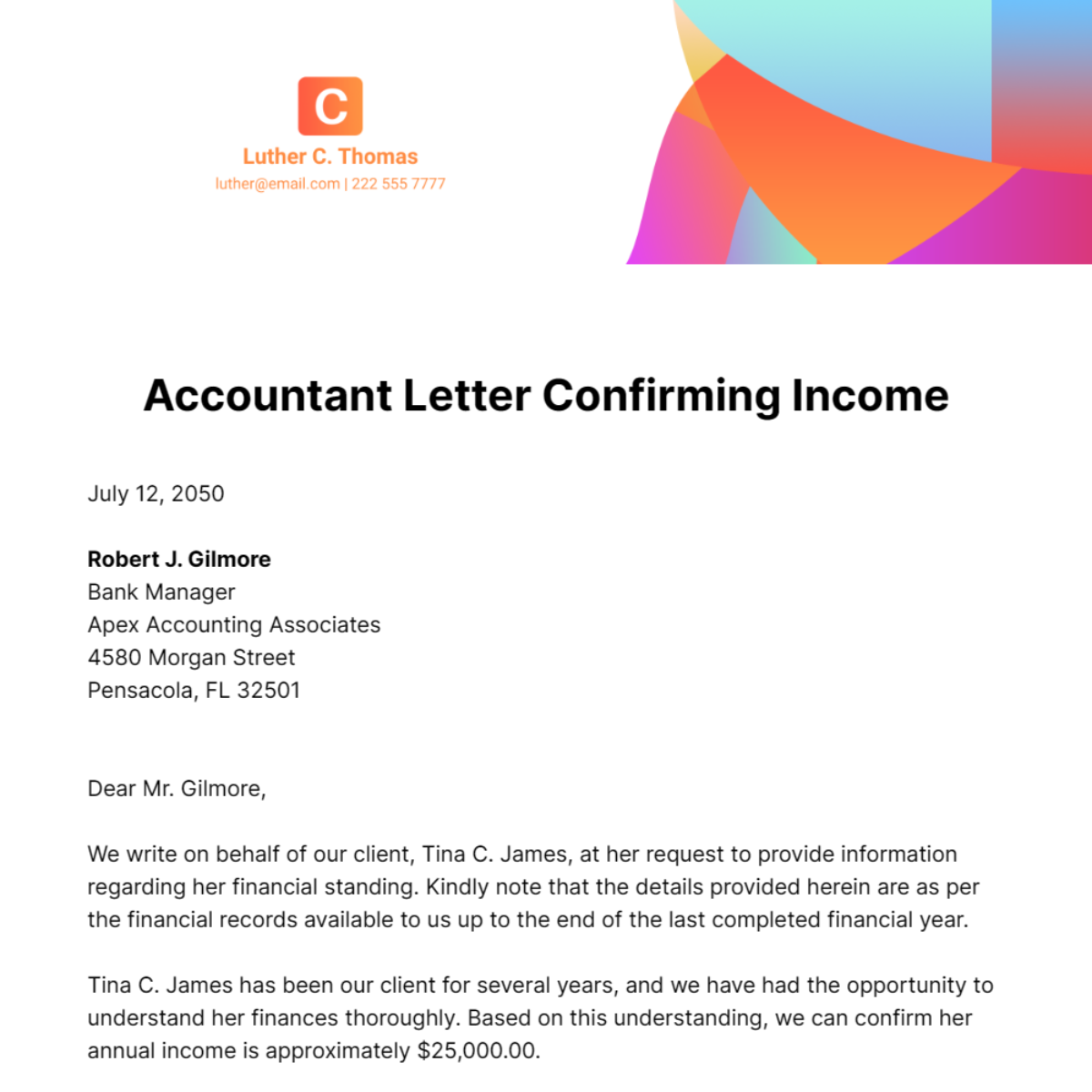 Free Accountant Letter Confirming Income Template