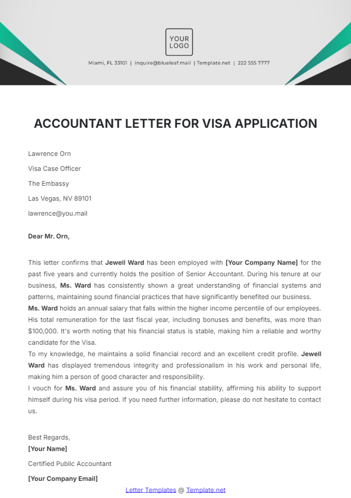 Accountant Letter for Visa Application Template - Edit Online & Download