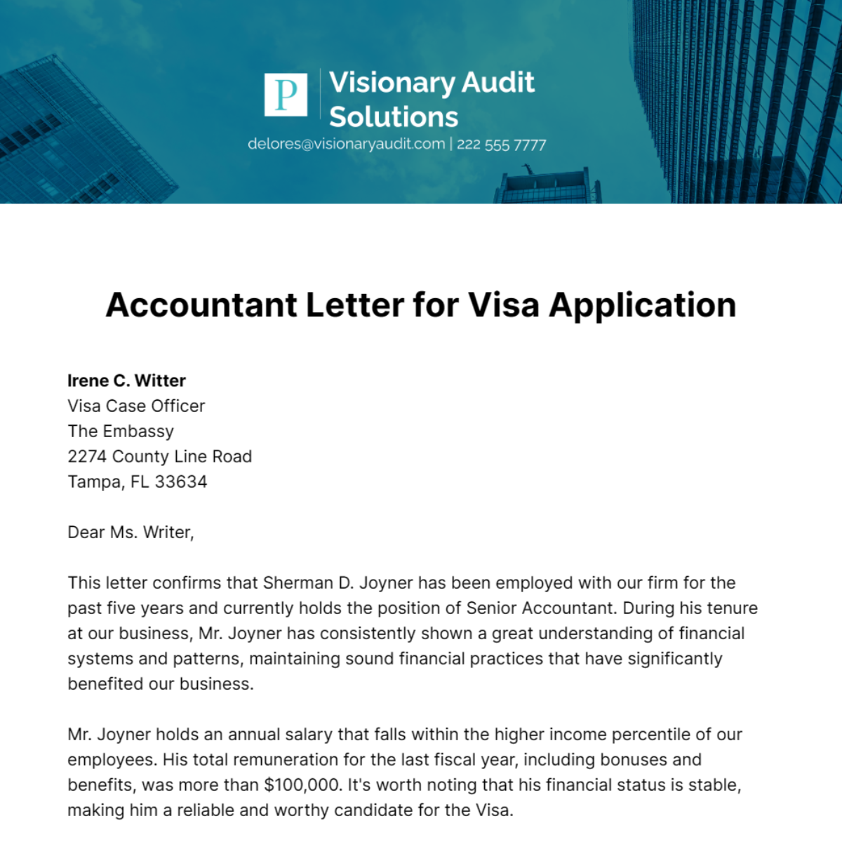 Accountant Letter for Visa Application Template