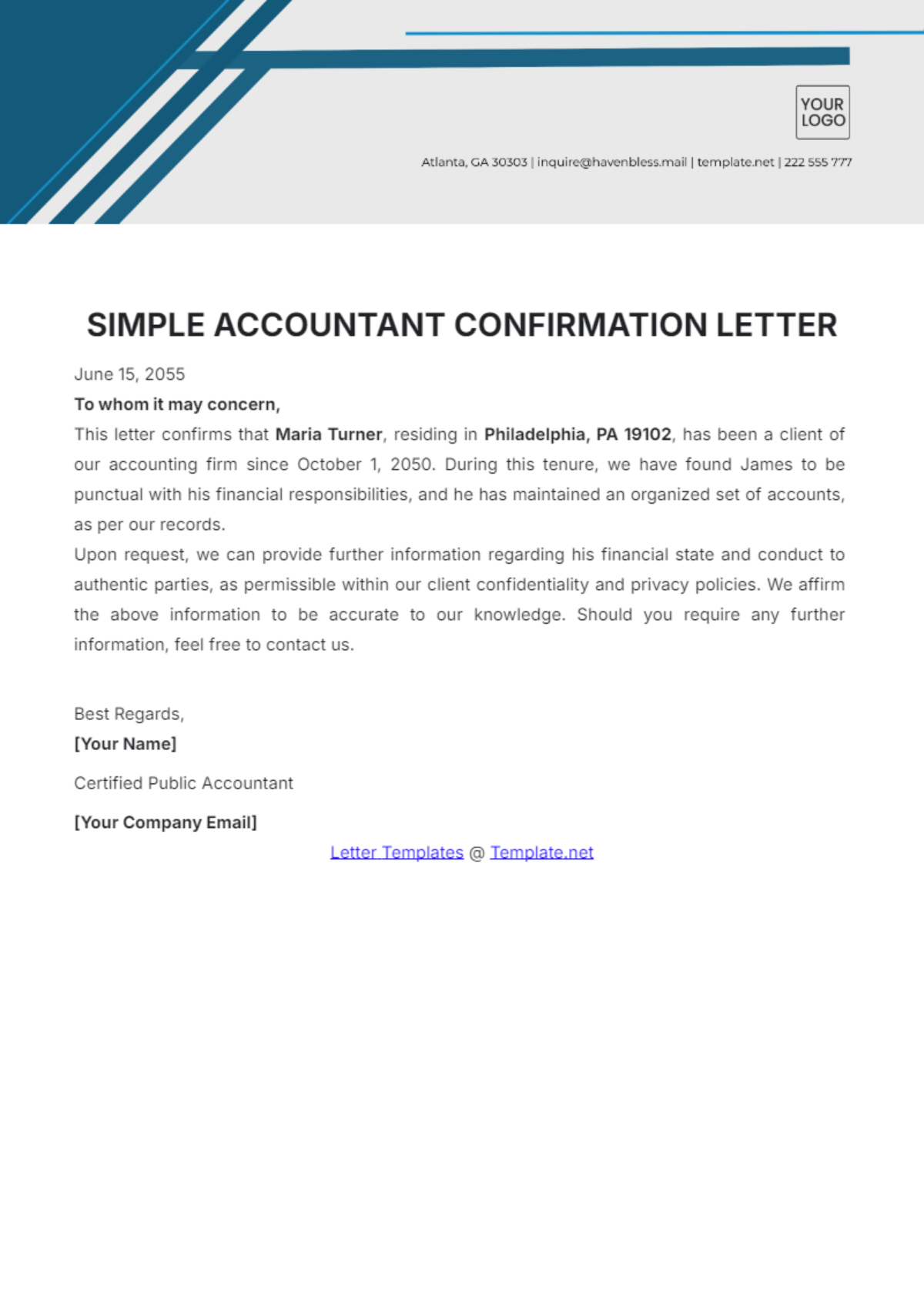 Simple Accountant Confirmation Letter Template - Edit Online & Download