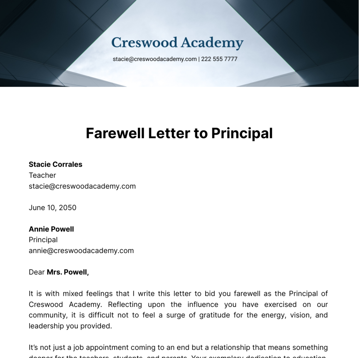 Free Farewell Letter to Principal Template