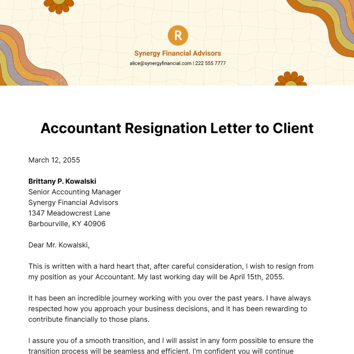 Accountant Resignation Letter to Client Template
