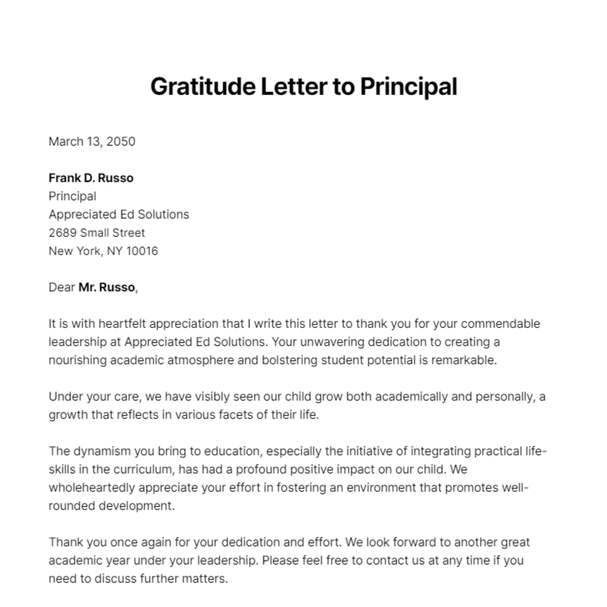 Free Gratitude Letter to Principal Template
