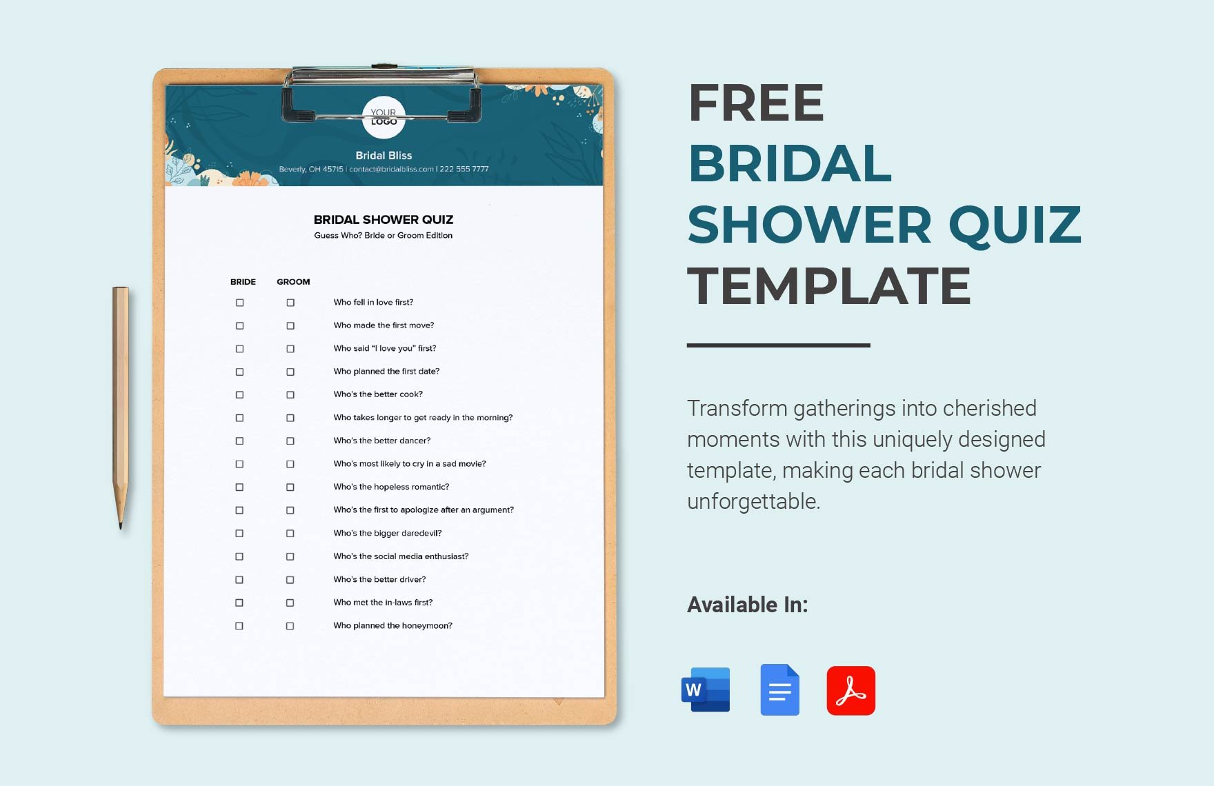 Free Bridal Shower Quiz Template in Word, Google Docs, PDF