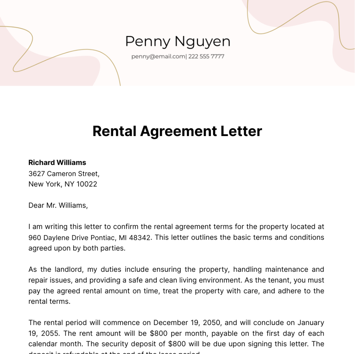 Free Rental Agreement Letter Template