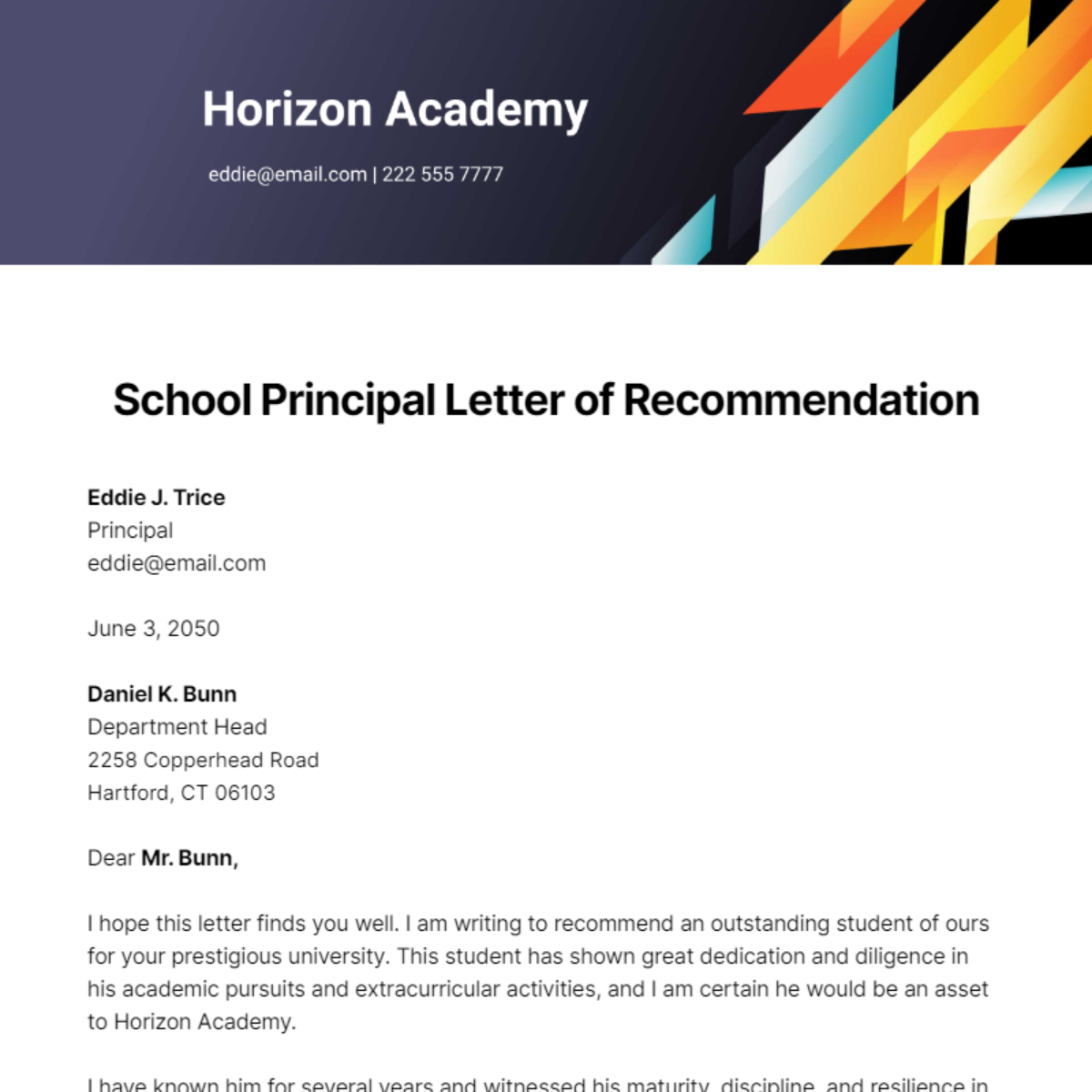 Free School Principal Letter of Recommendation Template