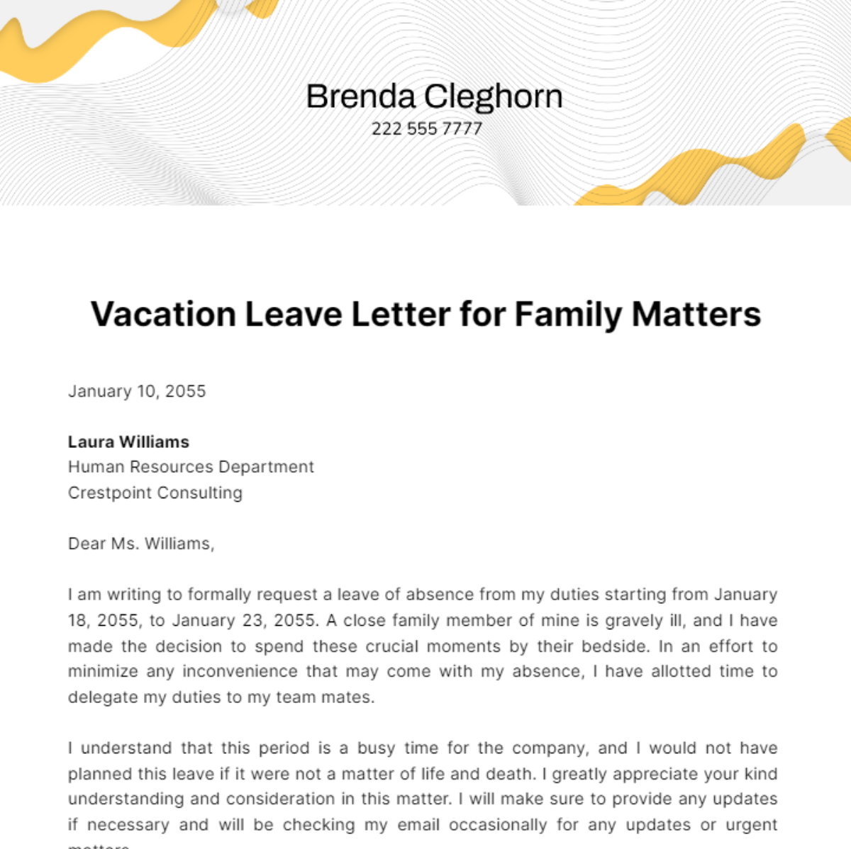 Vacation Leave Letter for Family Matters Template