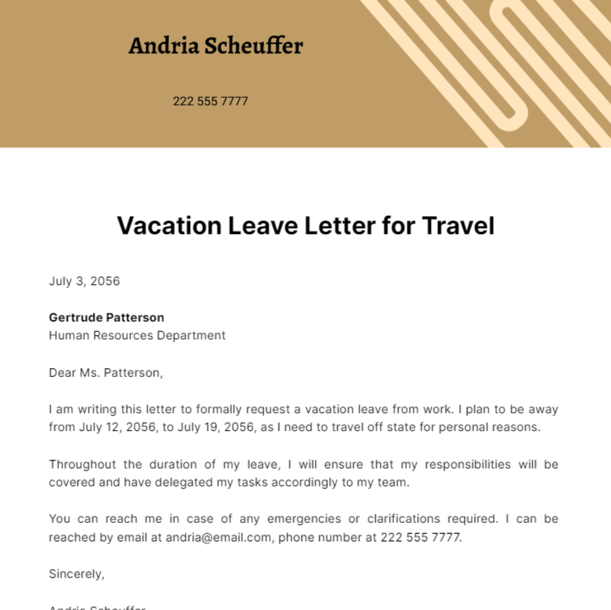 Vacation Leave Letter for Travel Template