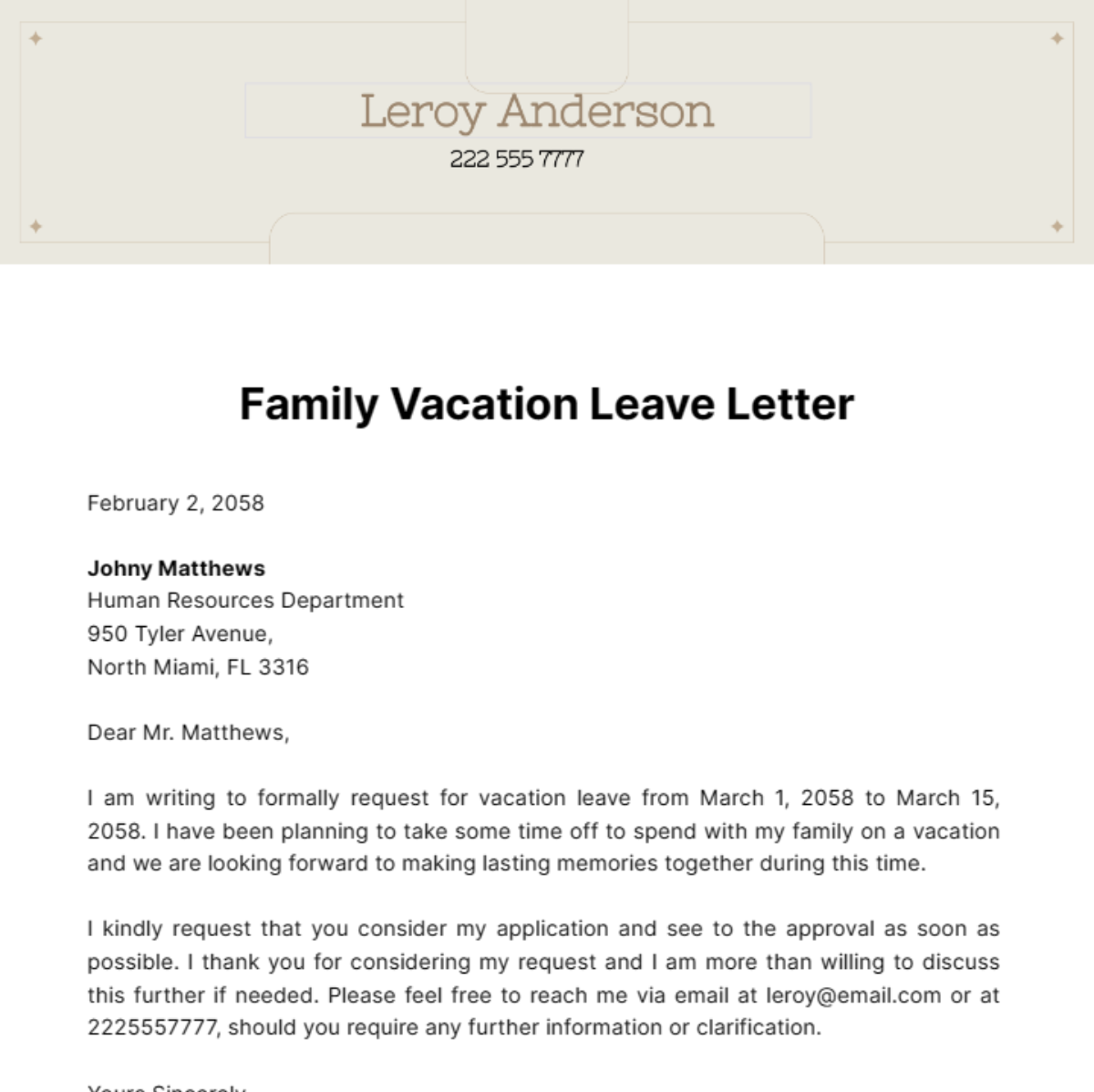 Family Vacation Leave Letter Template