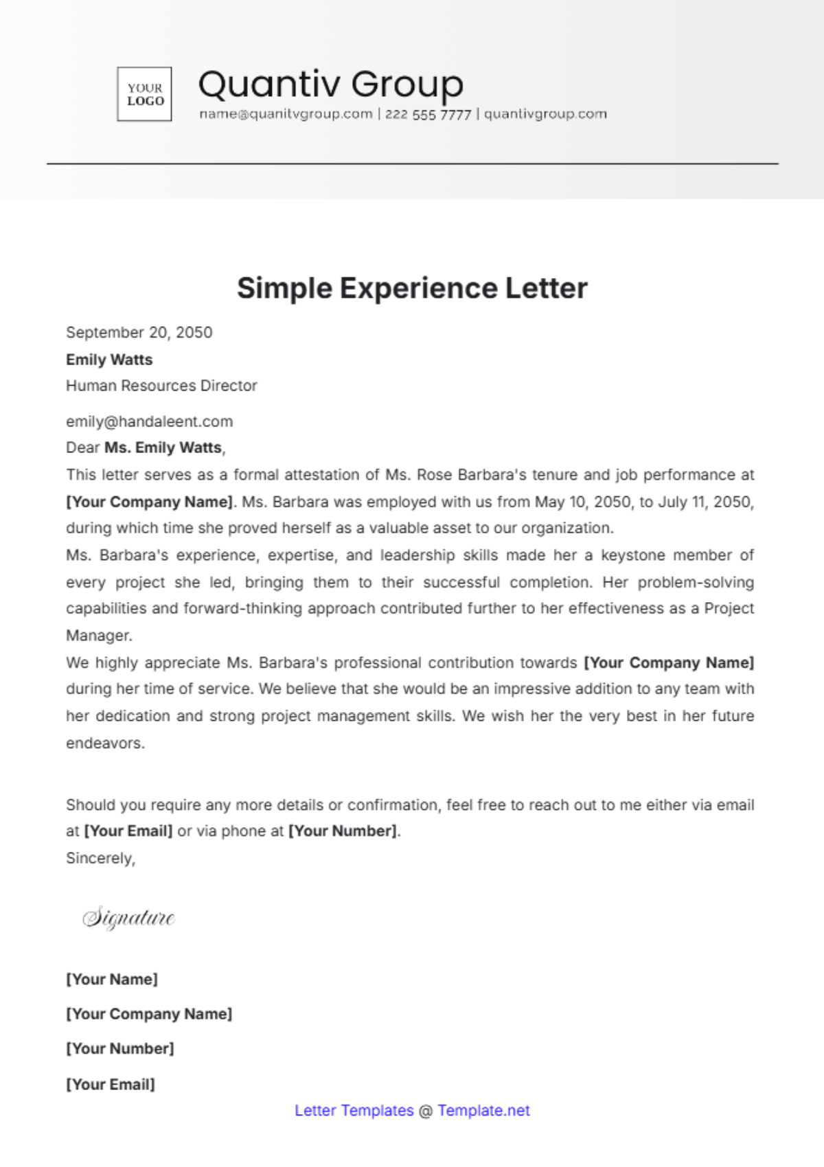 Simple Experience Letter Template - Edit Online & Download