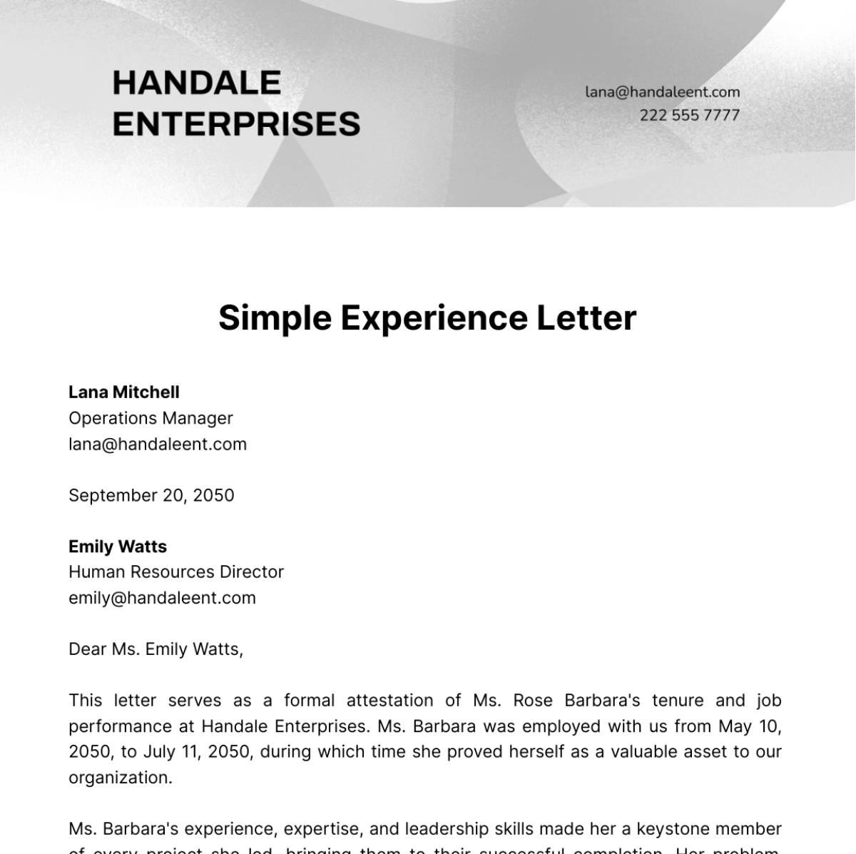 Free Simple Experience Letter   Template