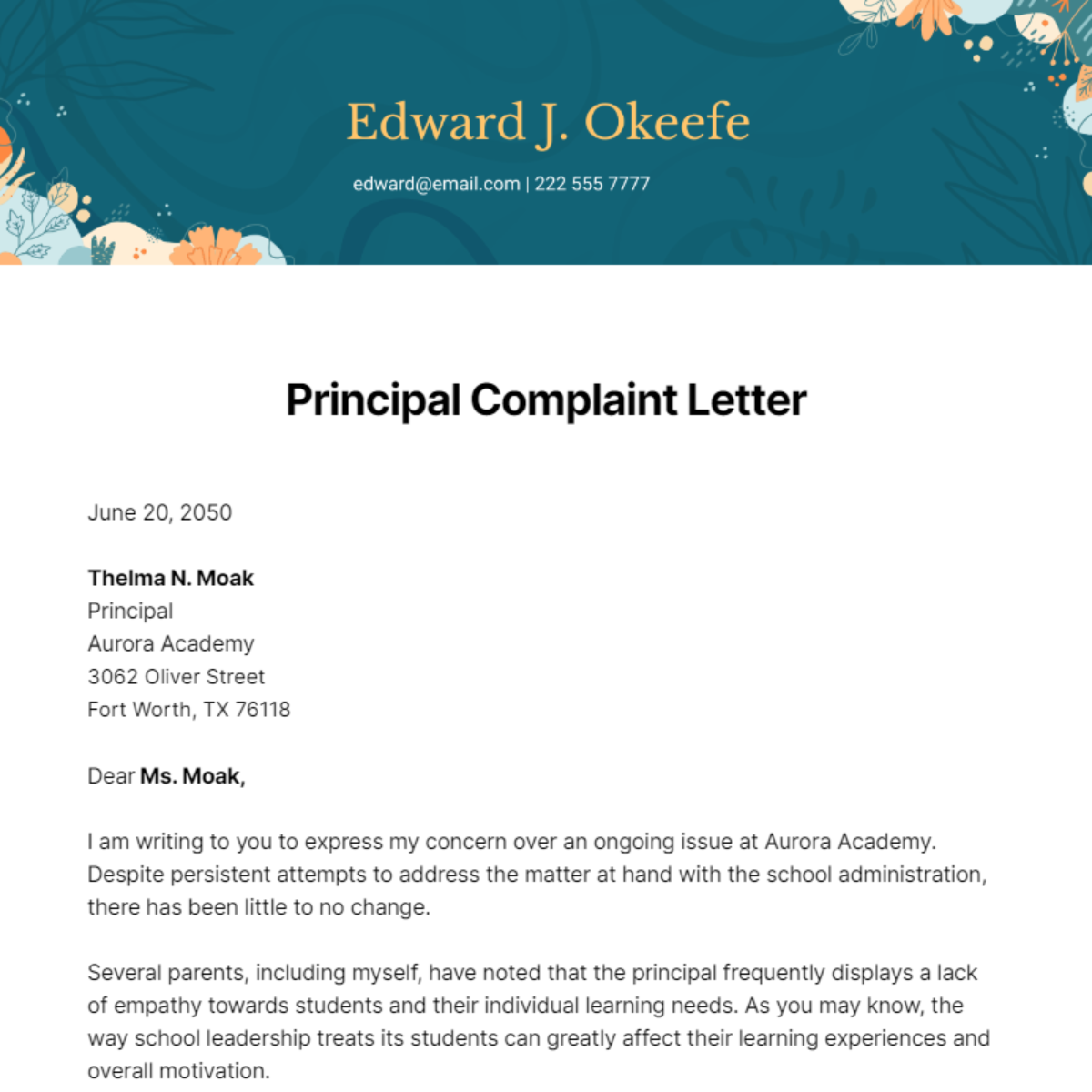 Principal Complaint Letter Template
