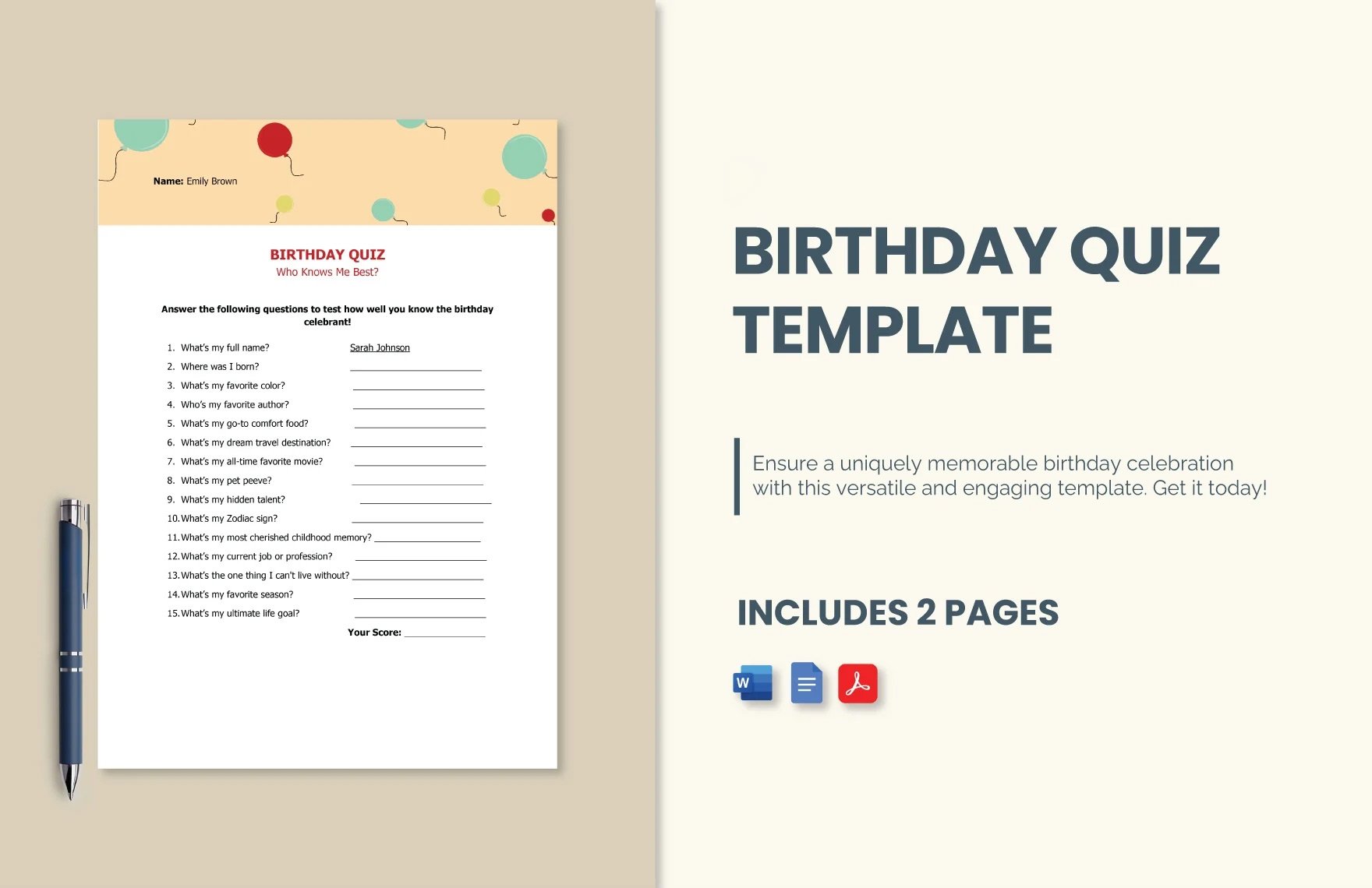 Free Birthday Quiz Template in Word, Google Docs, PDF