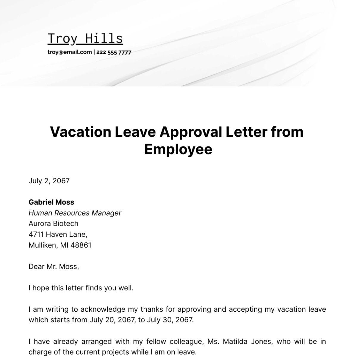 Vacation Leave Approval Letter from Employee Template