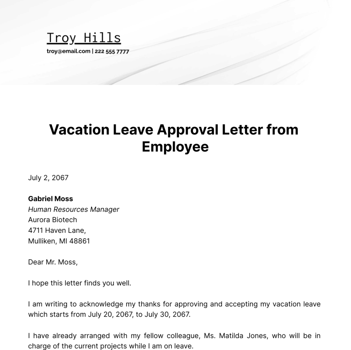 Vacation Leave Approval Letter from Employee Template Edit Online