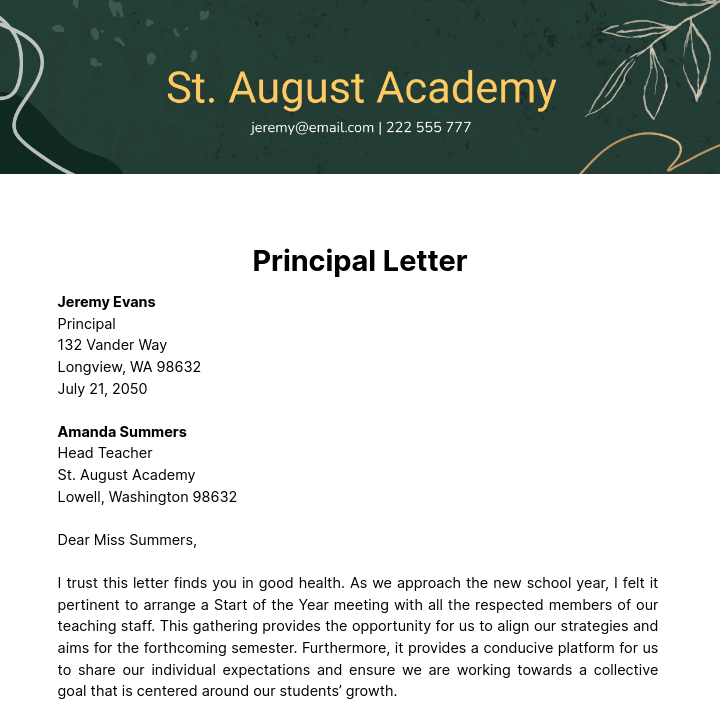 Principal Letter Template
