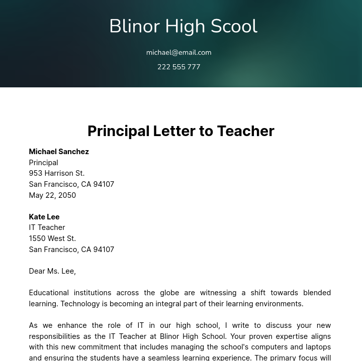 Free Principal Letter to Teacher Template