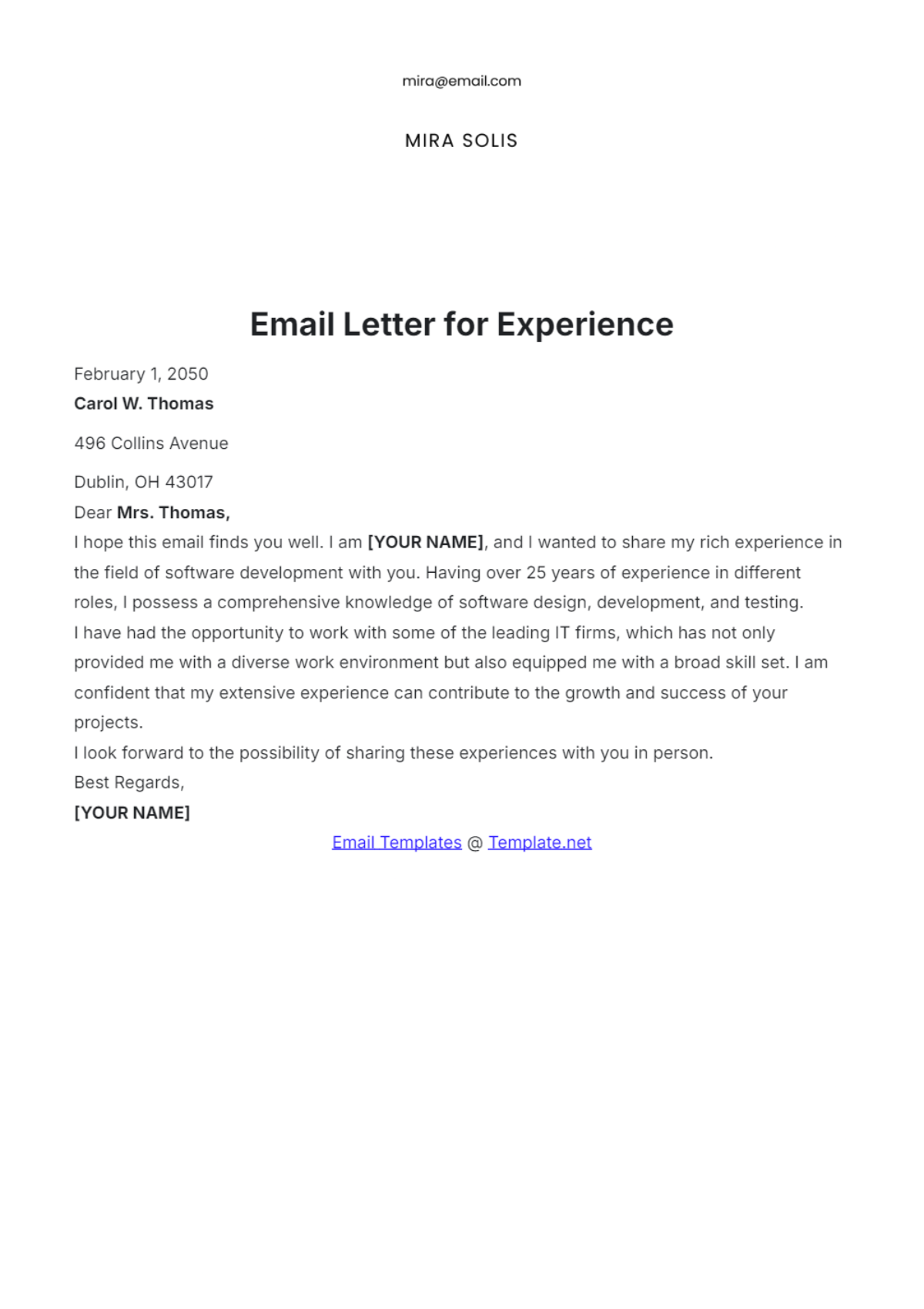 Email Letter for Experience Template