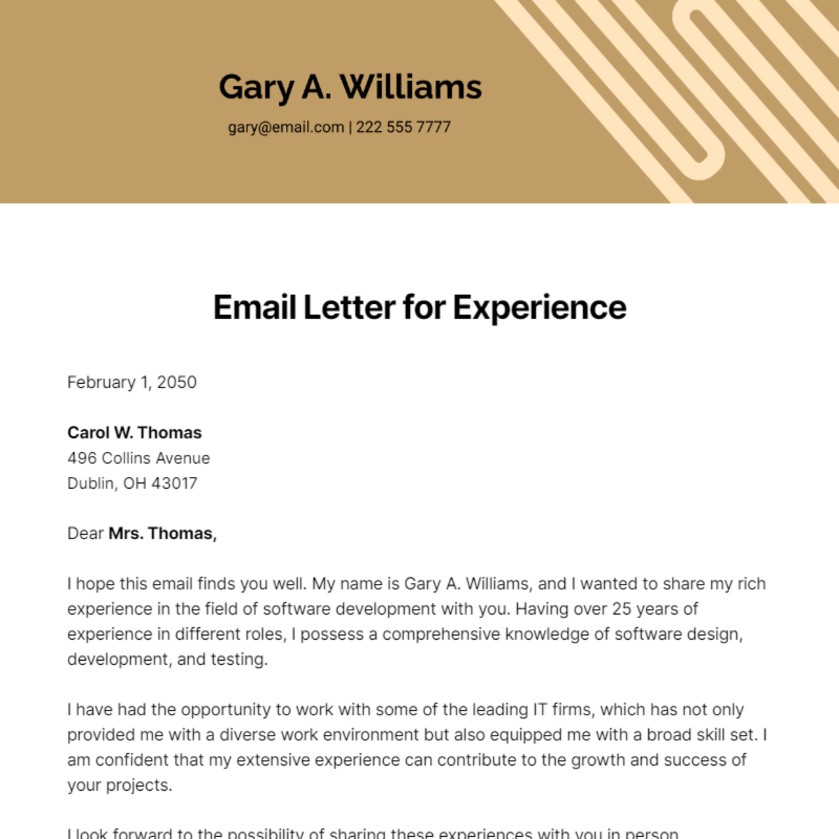 Email Letter for Experience Template