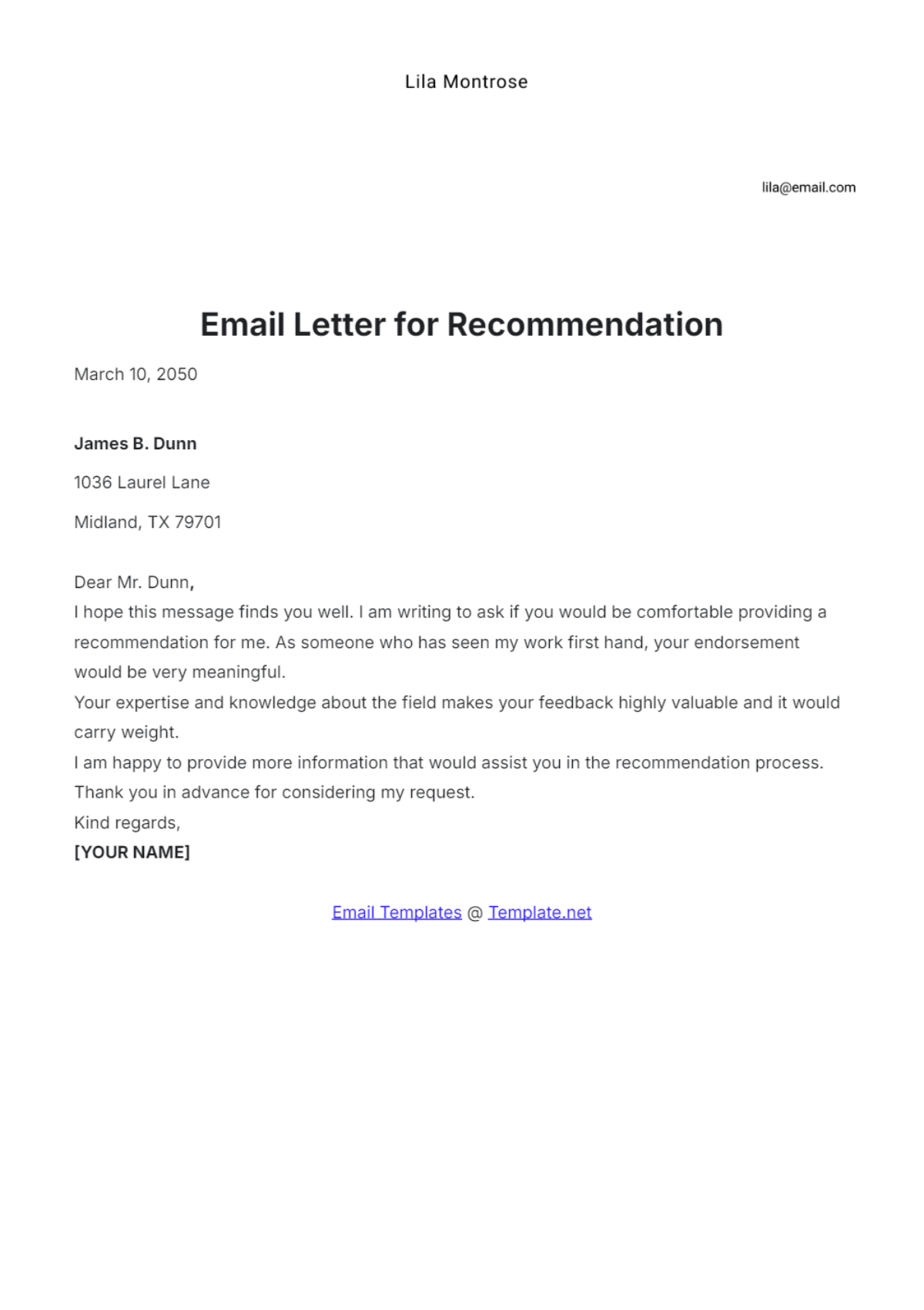 Email Letter for Recommendation Template - Edit Online & Download