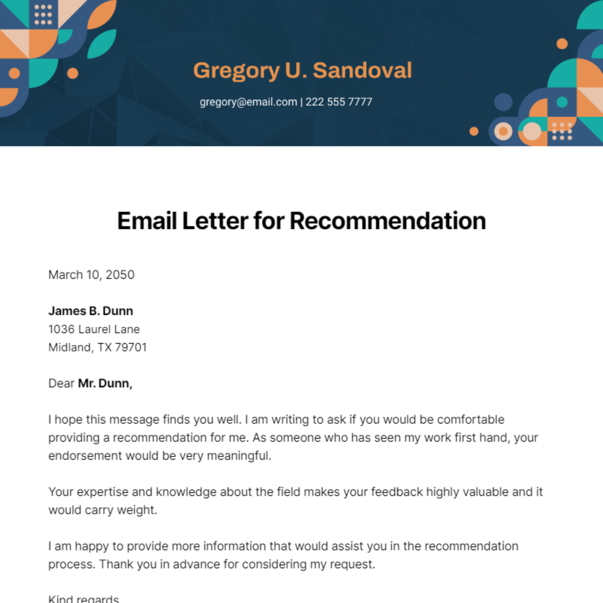 Email Letter for Recommendation Template