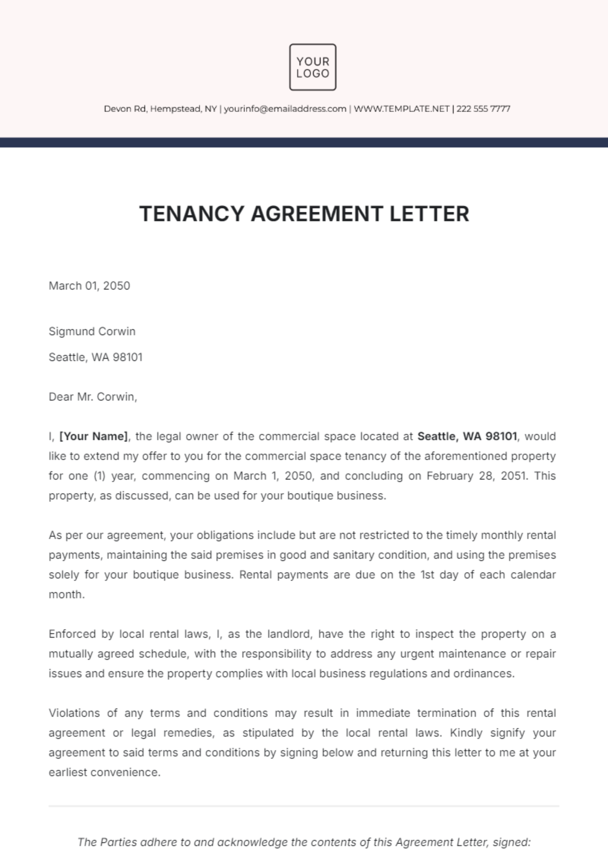 Tenancy Agreement Letter Template - Edit Online & Download