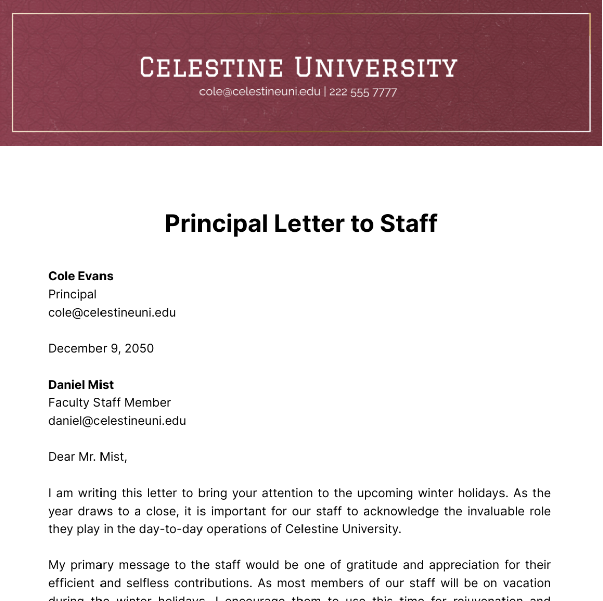 Principal Letter to Staff Template