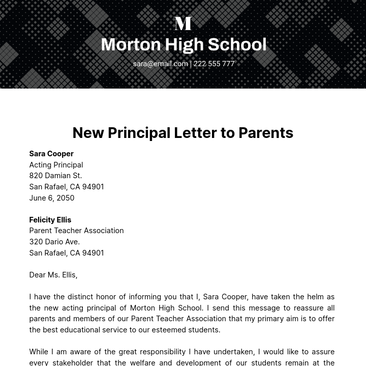 New Principal Letter to Parents Template