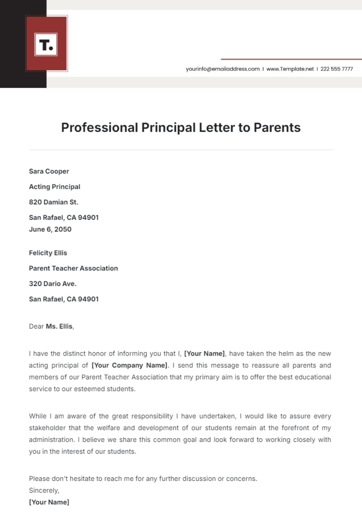 Professional Principal Letter to Parents Template - Edit Online & Download