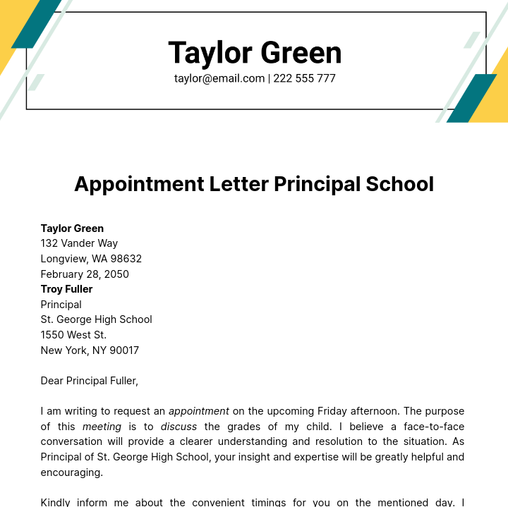 Free Appointment Letter Principal School Template