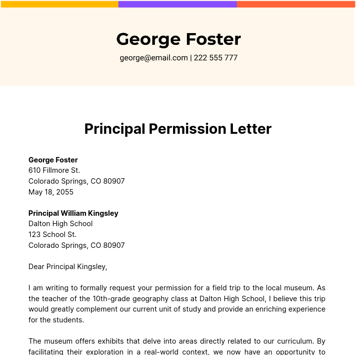 Free Principal Permission Letter Template