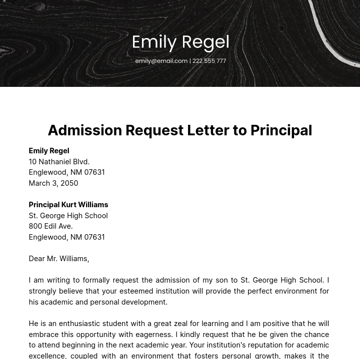 Admission Request Letter to Principal Template