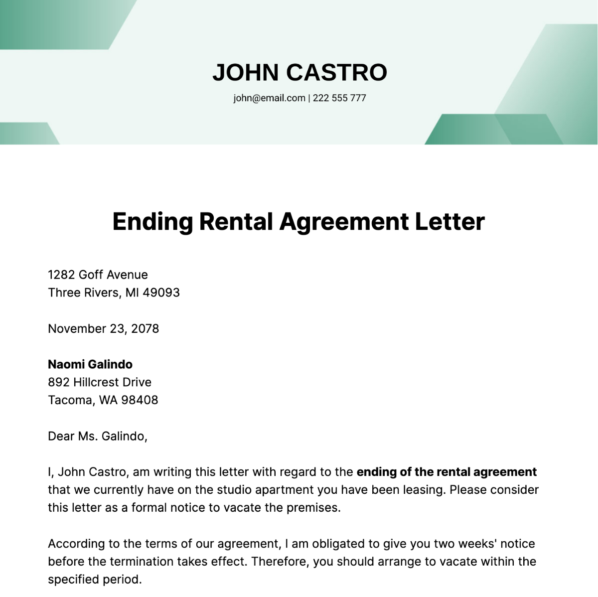 Free Ending Rental Agreement Letter Template