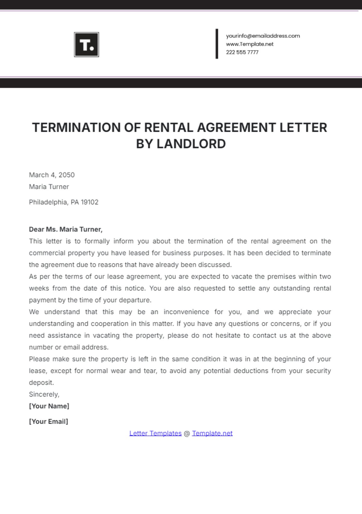 Termination of Rental Agreement Letter by Landlord Template - Edit Online & Download