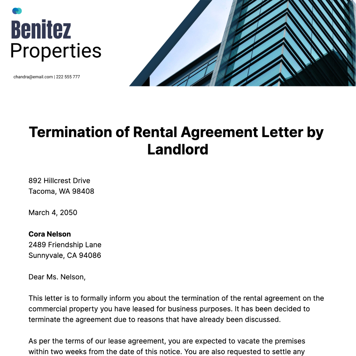 Free Termination of Rental Agreement Letter by Landlord Template