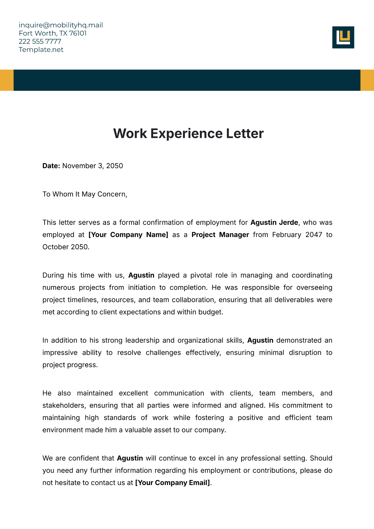 Work Experience Letter Template - Edit Online & Download