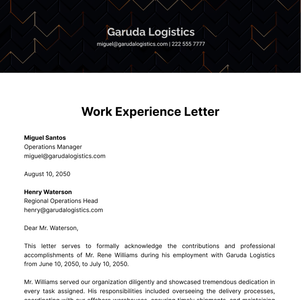 Work Experience Letter   Template