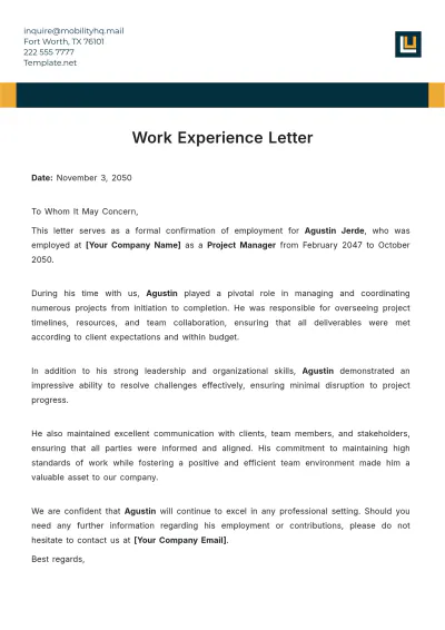 Free Work Experience Letter Template to Edit Online