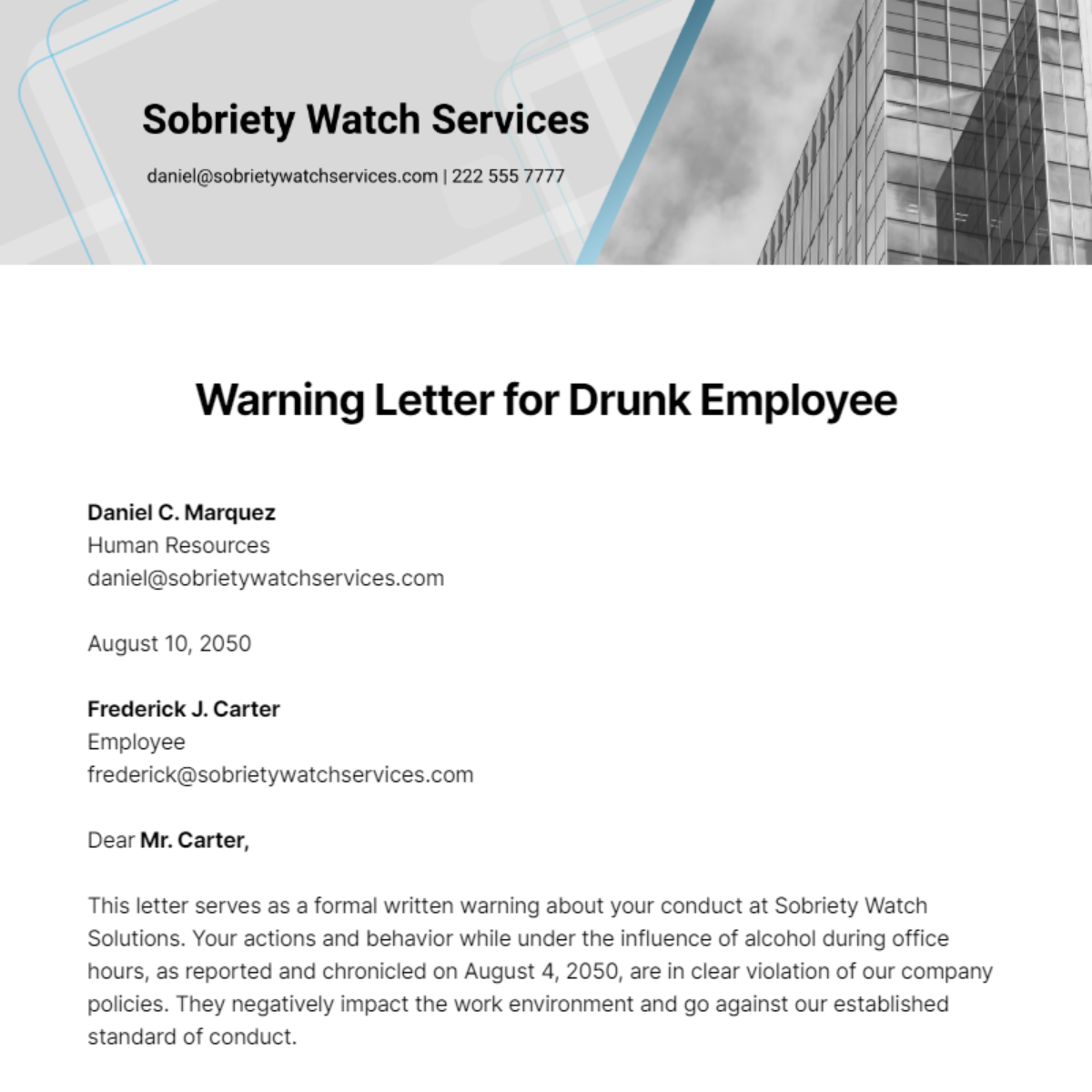 Free Warning Letter for Drunk Employee Template