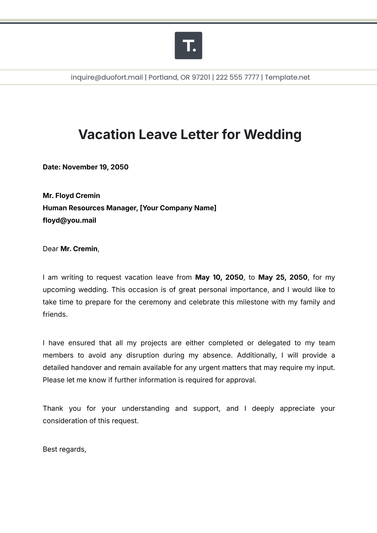 Vacation Leave Letter for Wedding Template - Edit Online & Download