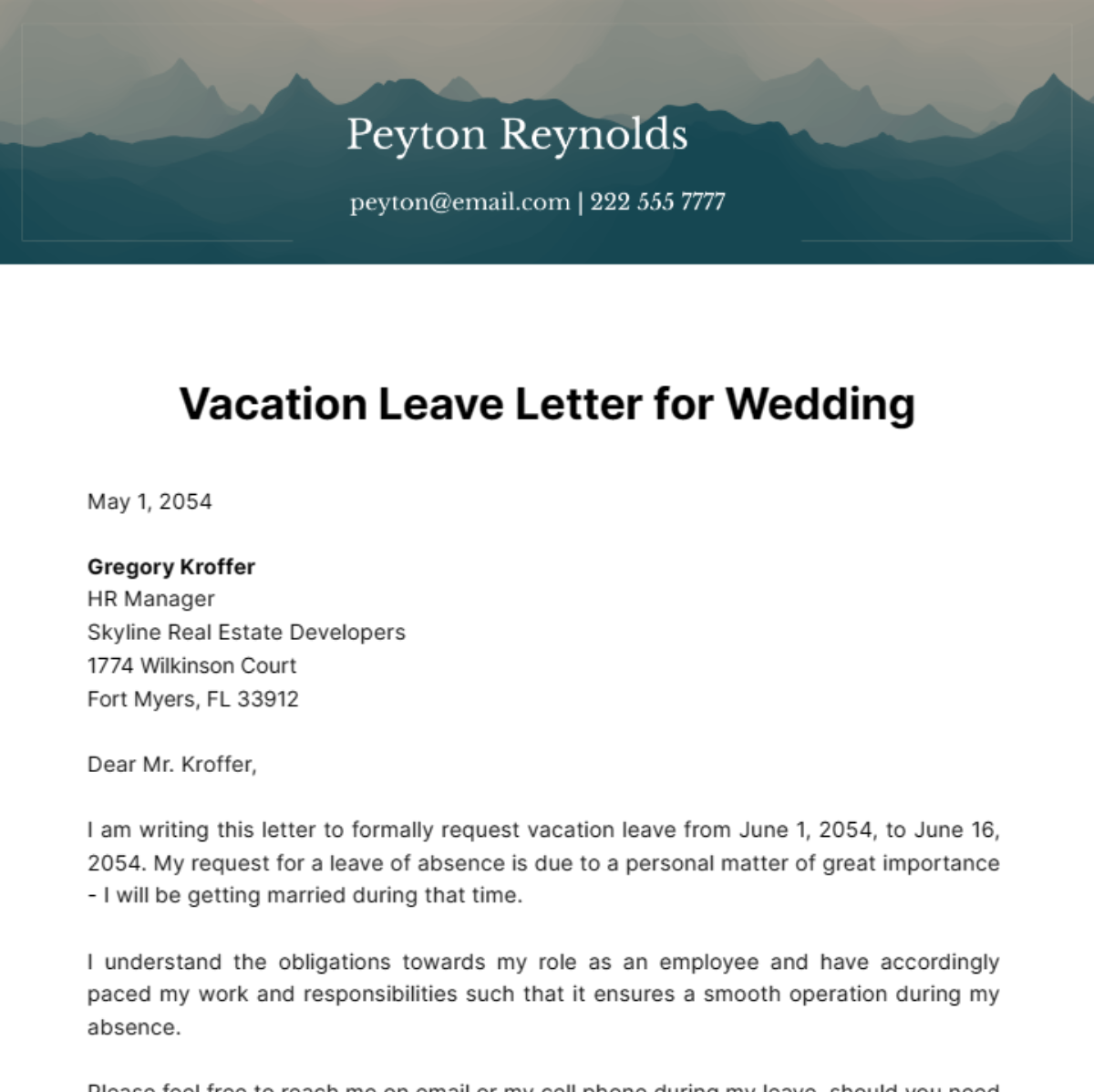 Vacation Leave Letter for Wedding Template