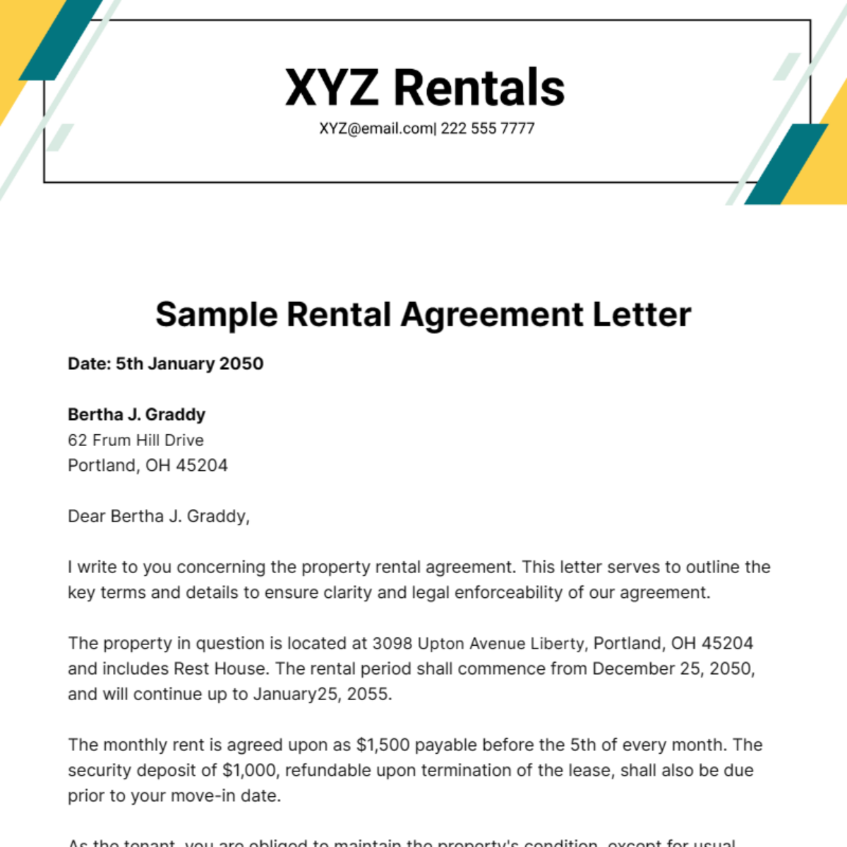 Sample Rental Agreement Letter  Template