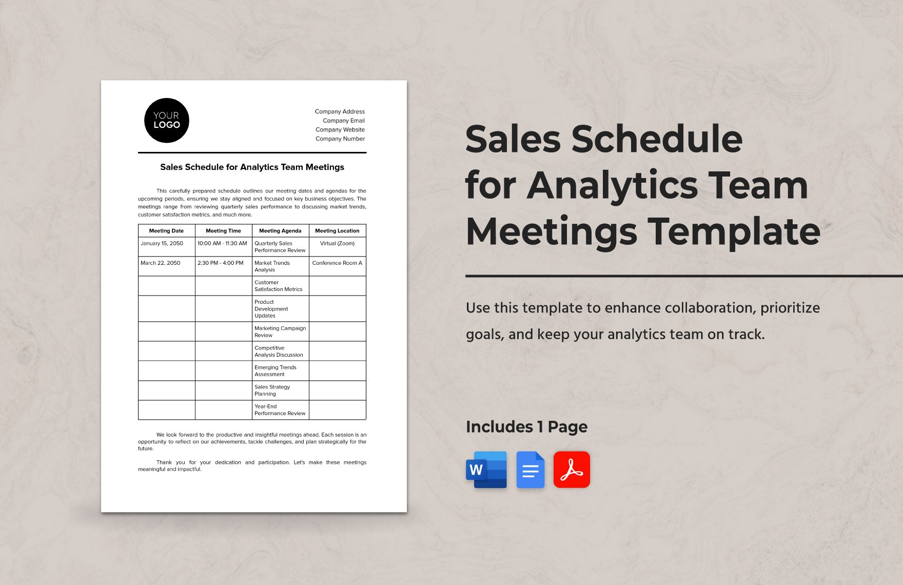 Sales Schedule for Analytics Team Meetings Template in Word, Google Docs, PDF
