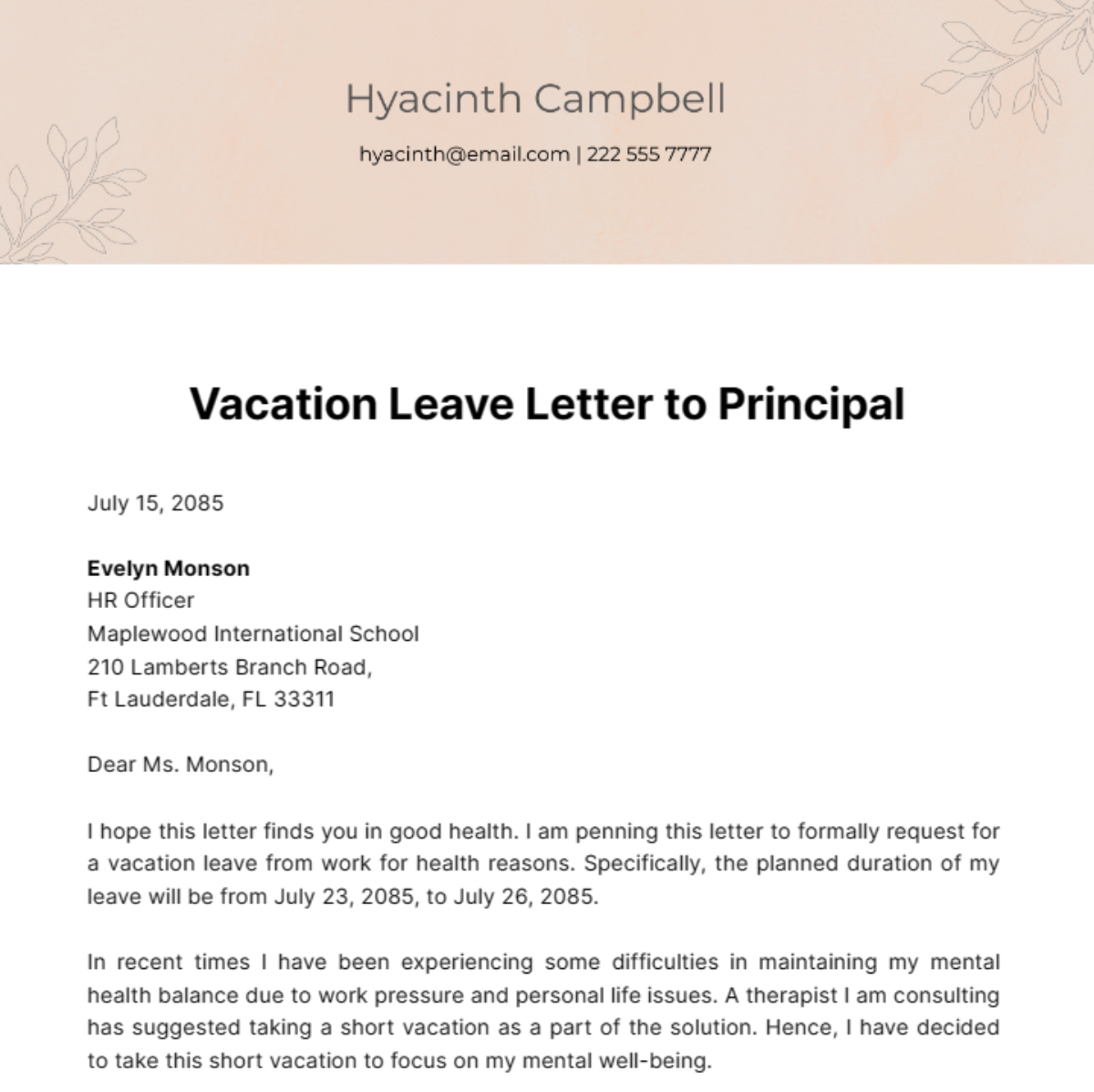 Vacation Leave Letter to Principal Template