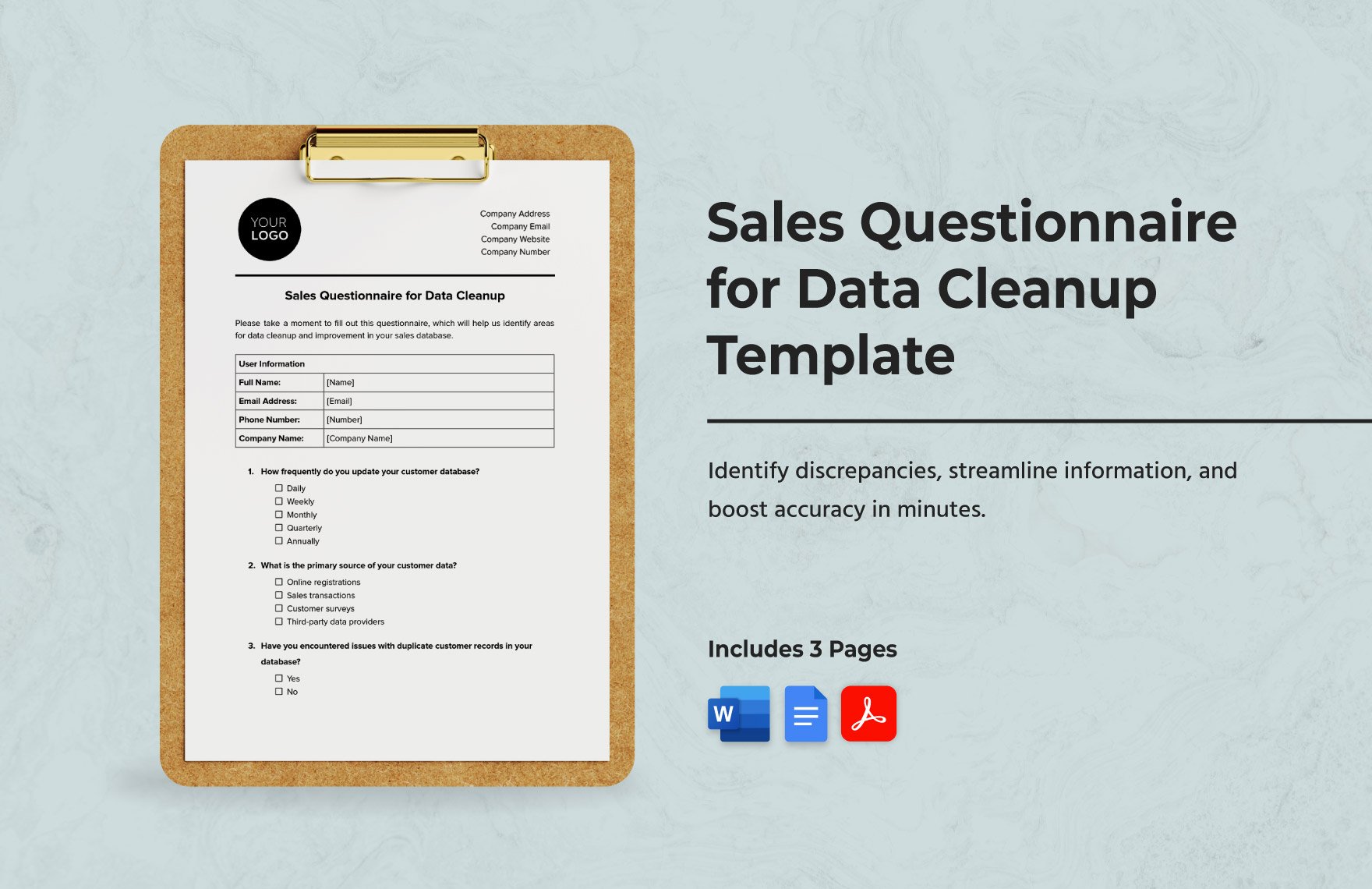 Sales Questionnaire for Data Cleanup Template in Word, Google Docs, PDF