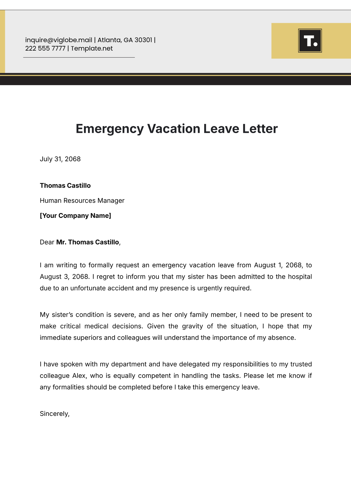 Emergency Vacation Leave Letter Template - Edit Online & Download