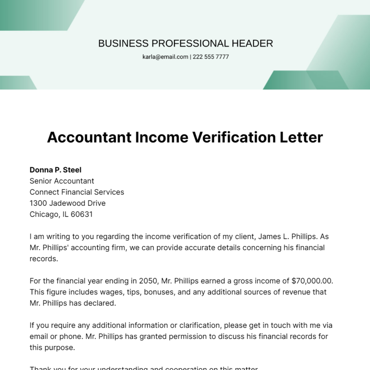 Accountant Income Verification Letter Template