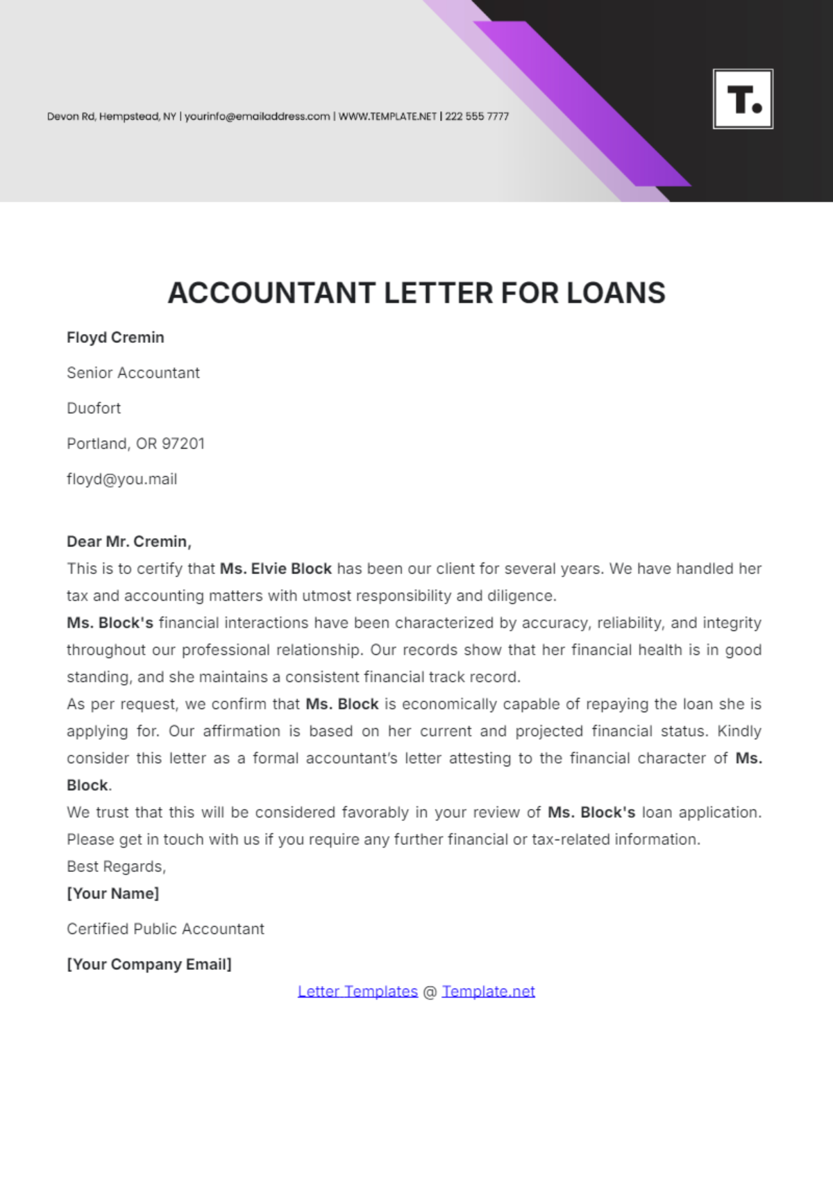 Accountant Letter for Loans Template